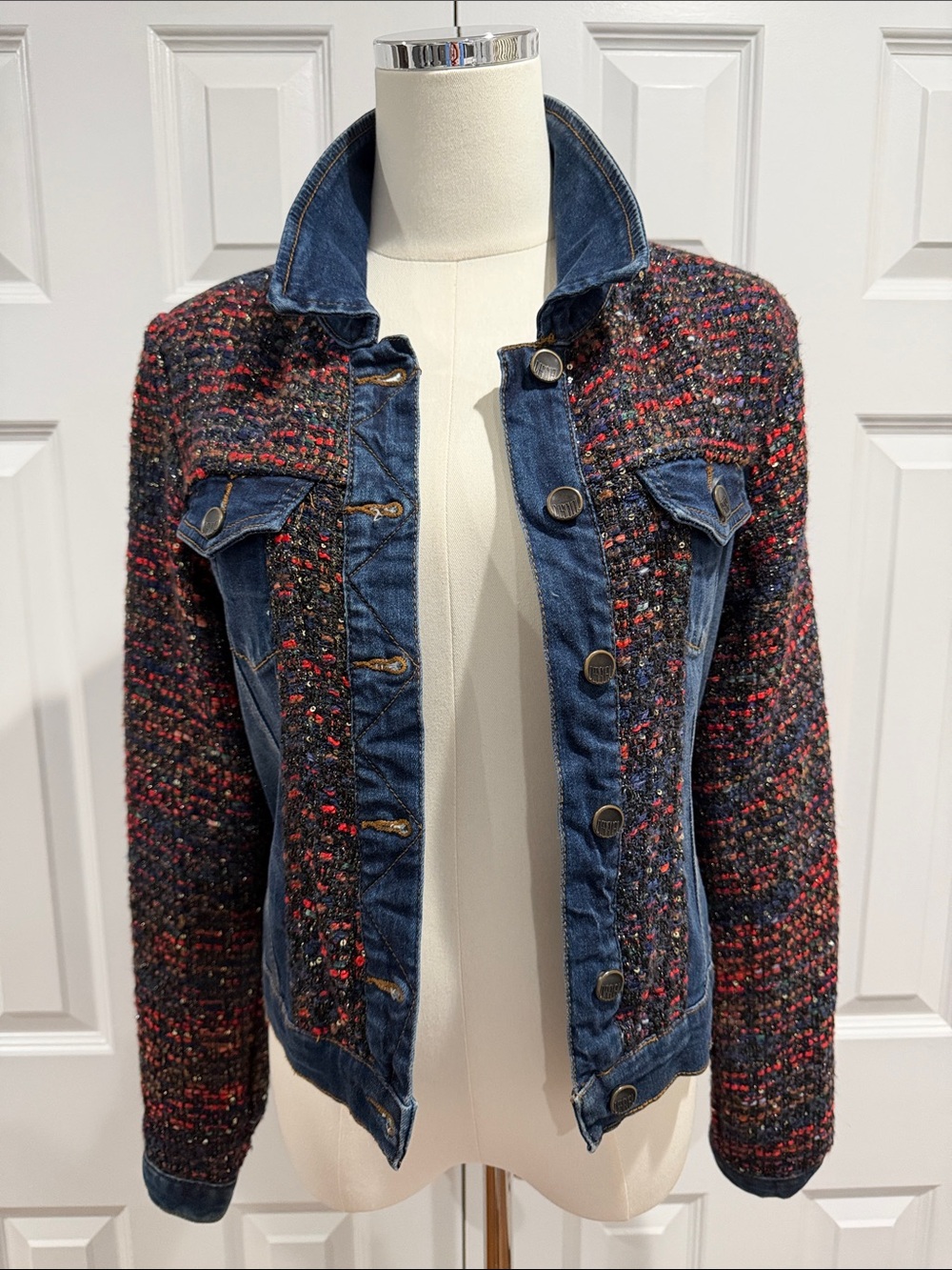 Desigual Mixed-Media Tweed & Denim Jacket - Multi-Color XS 2